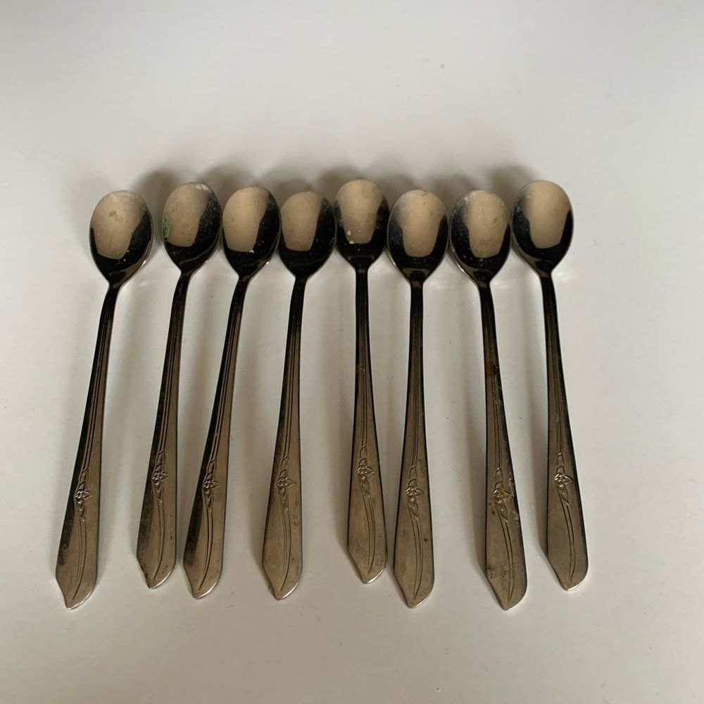 MCM 8 Pcs Stainless by Imperial Rose Floral Flatware Ice Tea Long Spoons.